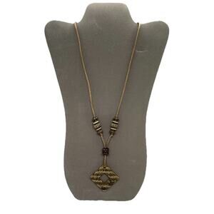 Vintage Fashion 29” Gold Cord Beaded Boho Hippy Necklace With 4” Square Pendant